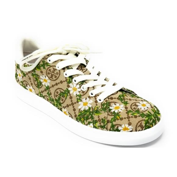 Tory Burch Women's Howell T- Monogram Embroidered, Hazel/Snow White 7 Medium - Picture 1 of 6